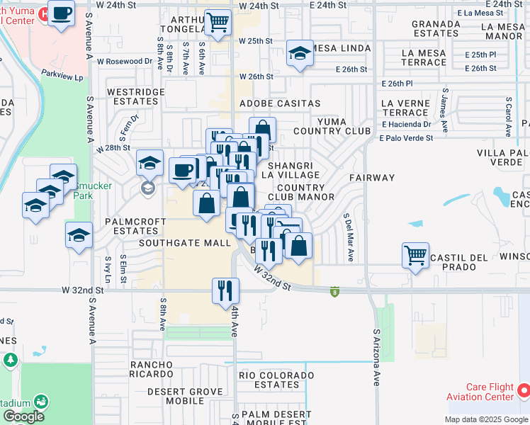 map of restaurants, bars, coffee shops, grocery stores, and more near 301 West Catalina Drive in Yuma