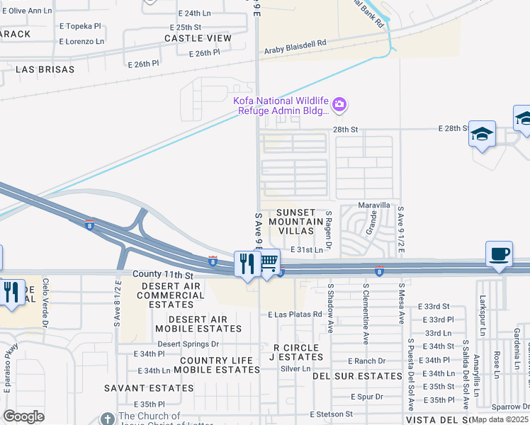 map of restaurants, bars, coffee shops, grocery stores, and more near 3028 South Robert Way in Yuma