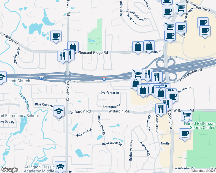 map of restaurants, bars, coffee shops, grocery stores, and more near 4514 Forestgate Drive in Arlington