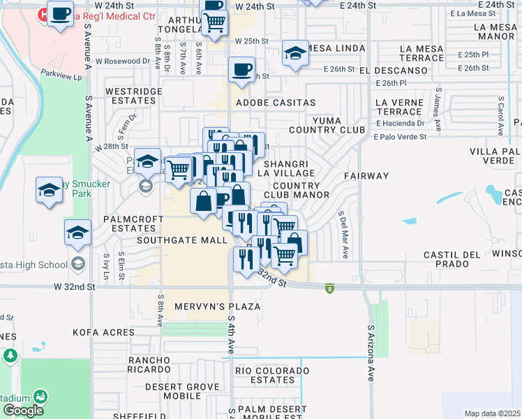 map of restaurants, bars, coffee shops, grocery stores, and more near 301 West Catalina Drive in Yuma