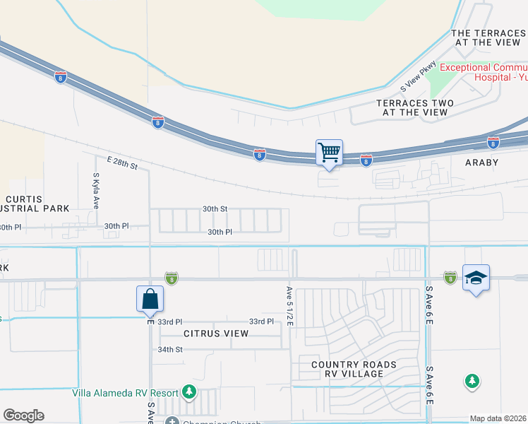 map of restaurants, bars, coffee shops, grocery stores, and more near 3038 Orlando Avenue in Yuma