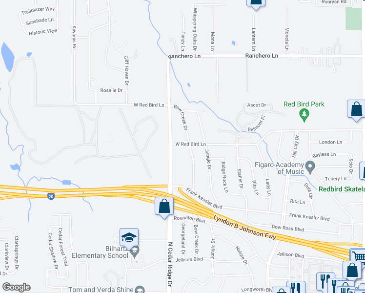 map of restaurants, bars, coffee shops, grocery stores, and more near 714 West Red Bird Lane in Duncanville