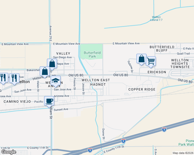 map of restaurants, bars, coffee shops, grocery stores, and more near 29434 Oakland Avenue in Wellton