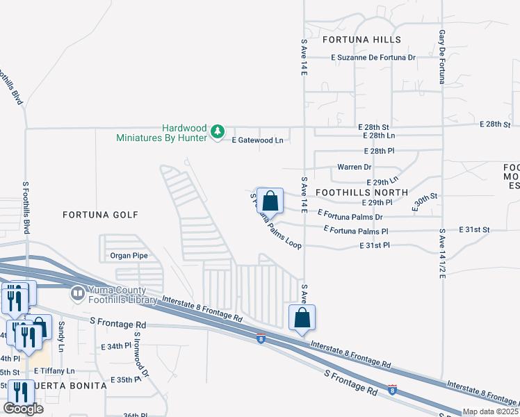 map of restaurants, bars, coffee shops, grocery stores, and more near 10680 South Fortuna Palms Loop in Yuma