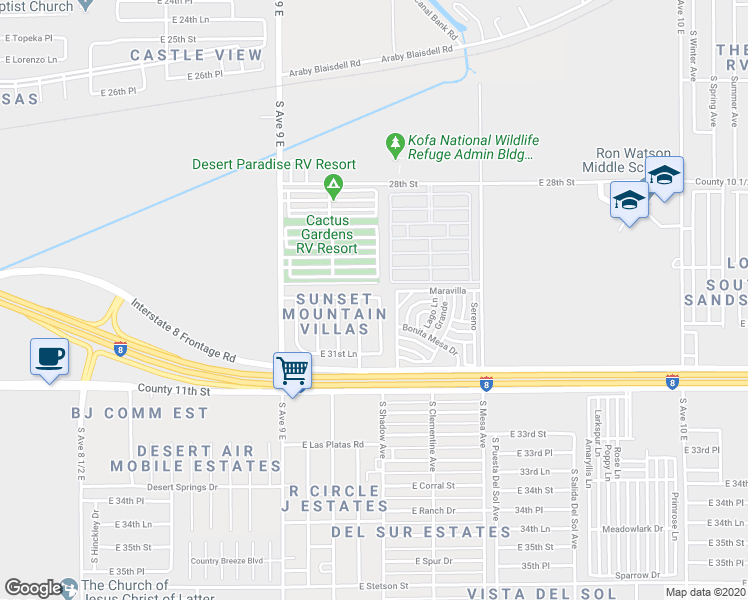 map of restaurants, bars, coffee shops, grocery stores, and more near 3036 South Ragan Drive in Yuma
