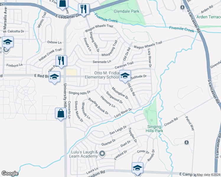 map of restaurants, bars, coffee shops, grocery stores, and more near 6134 Songwood Drive in Dallas