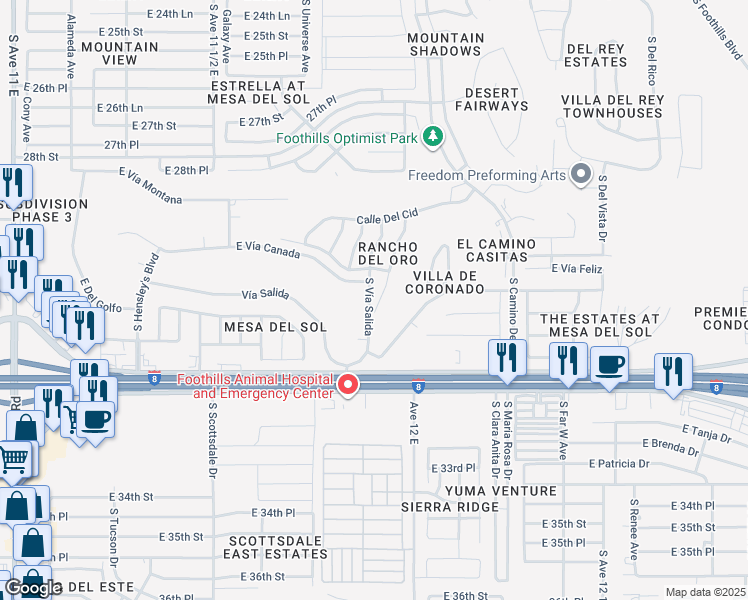 map of restaurants, bars, coffee shops, grocery stores, and more near 10758 South Vía Salida in Yuma