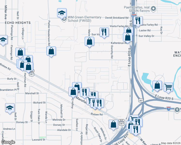 map of restaurants, bars, coffee shops, grocery stores, and more near 5008 Buffalo Court North in Fort Worth
