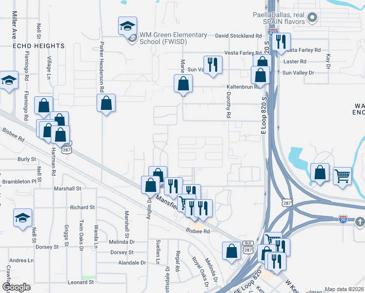 map of restaurants, bars, coffee shops, grocery stores, and more near 5008 Buffalo Court North in Fort Worth