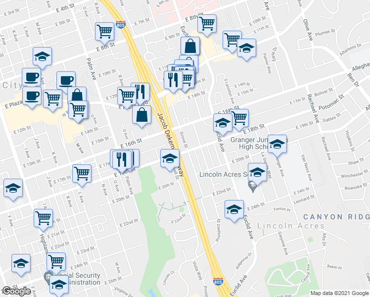 map of restaurants, bars, coffee shops, grocery stores, and more near 1728 Grove Street in National City