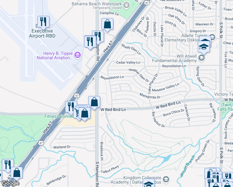 map of restaurants, bars, coffee shops, grocery stores, and more near 2216 Matagorda Drive in Dallas