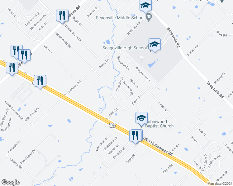 map of restaurants, bars, coffee shops, grocery stores, and more near 1413 Coltview Place in Seagoville