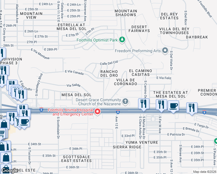 map of restaurants, bars, coffee shops, grocery stores, and more near 11898 East Via Loma Vista in Yuma