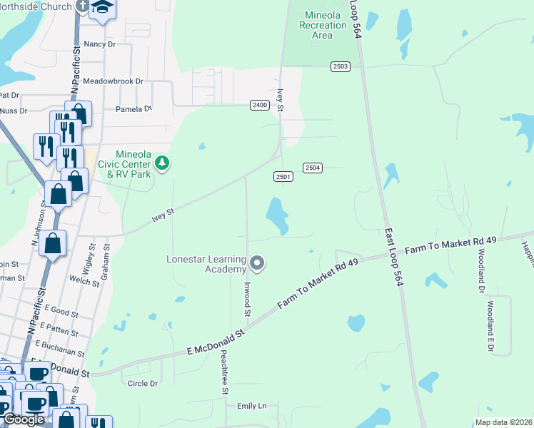map of restaurants, bars, coffee shops, grocery stores, and more near in Mineola