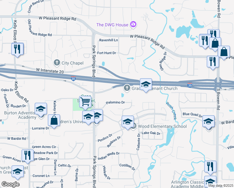 map of restaurants, bars, coffee shops, grocery stores, and more near 3509 Palomino Drive in Arlington