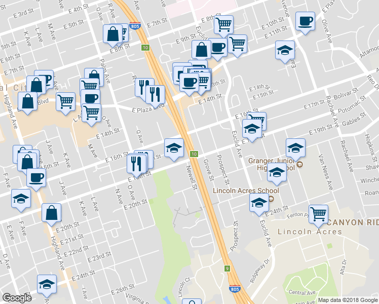 map of restaurants, bars, coffee shops, grocery stores, and more near Jacob Dekema Freeway in National City