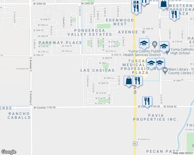 map of restaurants, bars, coffee shops, grocery stores, and more near 2964 South 30th Drive in Yuma