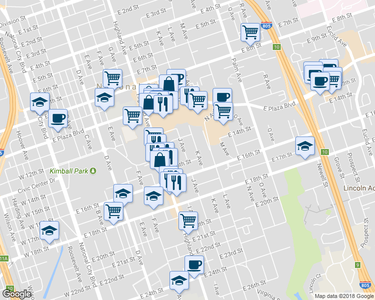 map of restaurants, bars, coffee shops, grocery stores, and more near 1405 J Avenue in National City