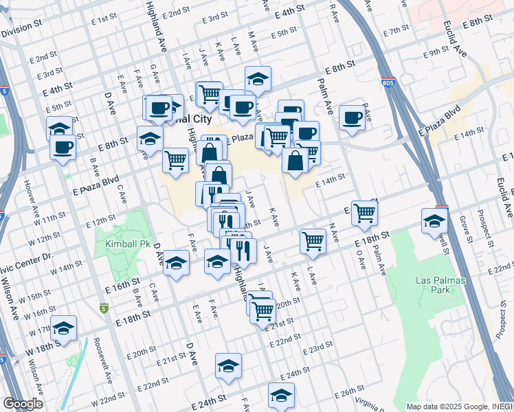 map of restaurants, bars, coffee shops, grocery stores, and more near 1405 J Avenue in National City