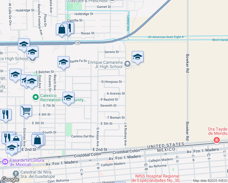 map of restaurants, bars, coffee shops, grocery stores, and more near 1237 A Aceves Street in Calexico