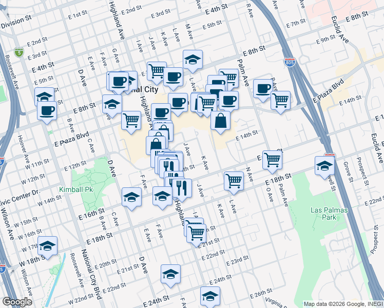 map of restaurants, bars, coffee shops, grocery stores, and more near 1405 J Avenue in National City