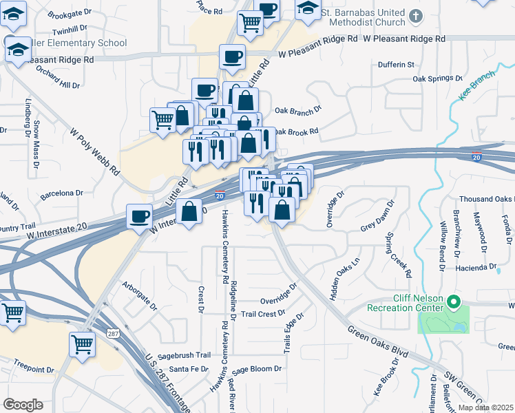 map of restaurants, bars, coffee shops, grocery stores, and more near 5738 Forest Bend Drive in Arlington