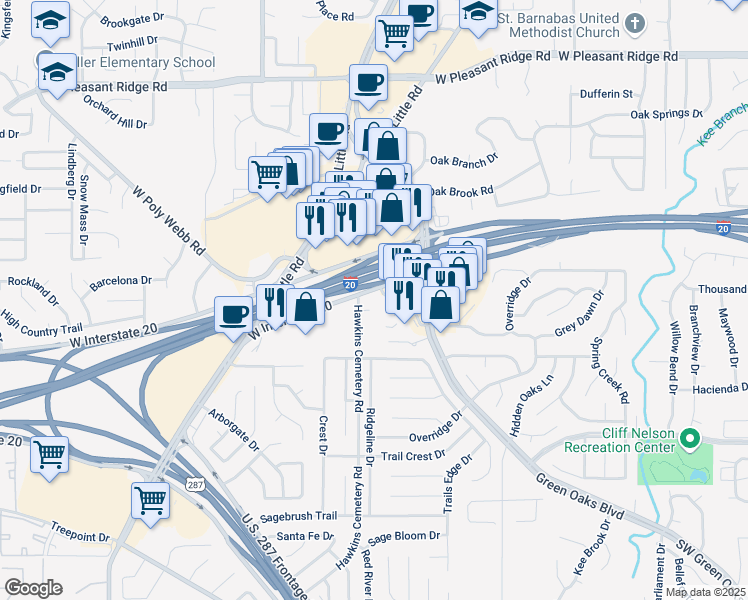 map of restaurants, bars, coffee shops, grocery stores, and more near 5738 Forest Bend Drive in Arlington