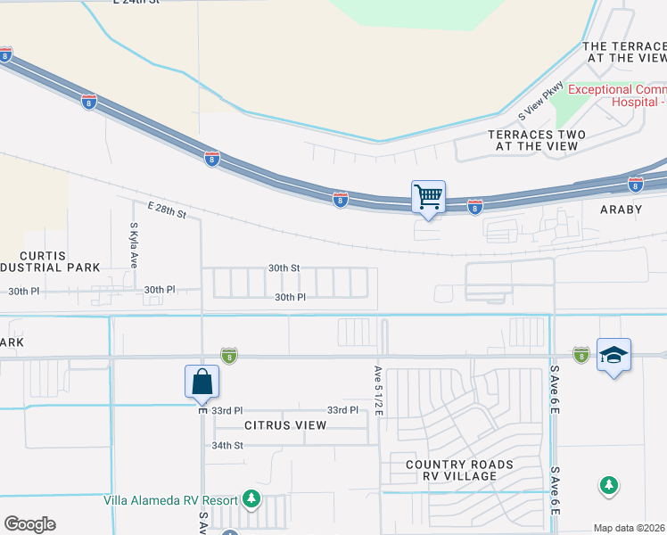map of restaurants, bars, coffee shops, grocery stores, and more near 3038 Orlando Avenue in Yuma