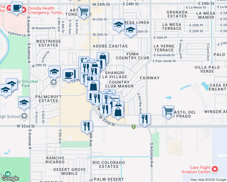 map of restaurants, bars, coffee shops, grocery stores, and more near 3000 South Catalina Drive in Yuma