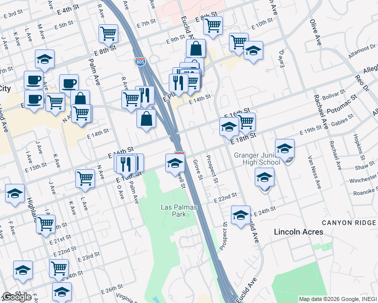 map of restaurants, bars, coffee shops, grocery stores, and more near 1728 Grove Street in National City