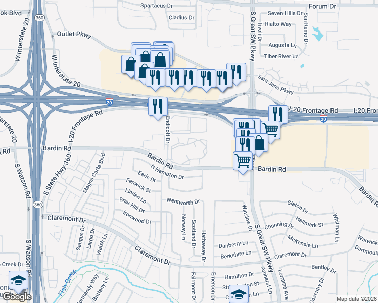 map of restaurants, bars, coffee shops, grocery stores, and more near 2770 Bardin Road in Grand Prairie