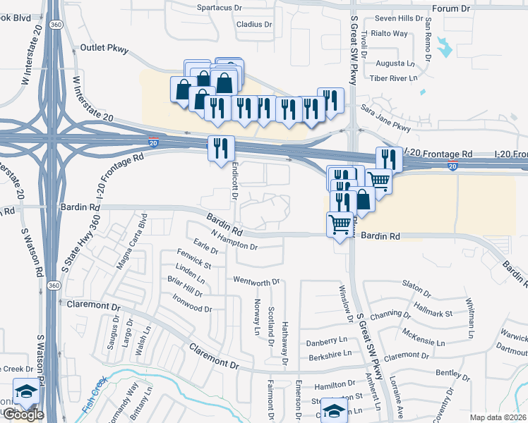 map of restaurants, bars, coffee shops, grocery stores, and more near 2770 Bardin Road in Grand Prairie