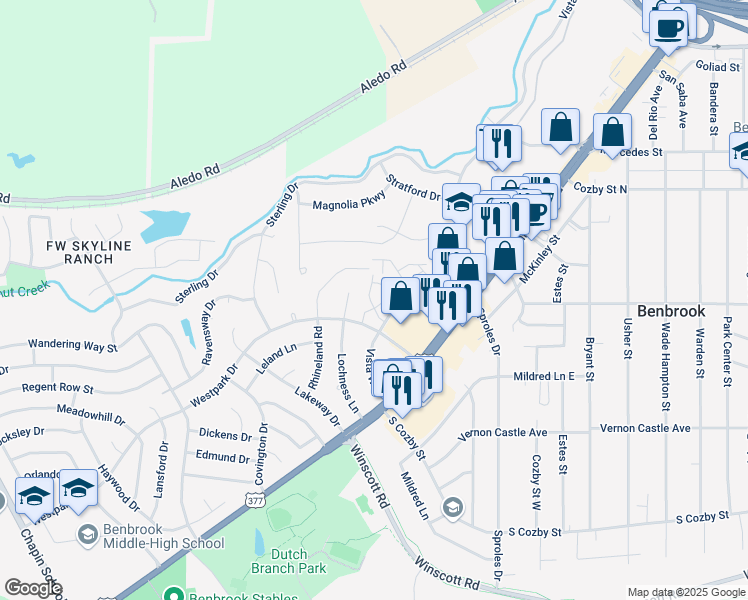 map of restaurants, bars, coffee shops, grocery stores, and more near 9500 Cherrycrest Drive in Benbrook
