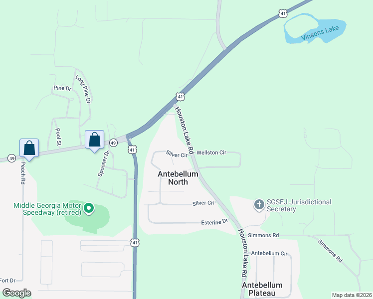 map of restaurants, bars, coffee shops, grocery stores, and more near 105 Silver Circle in Warner Robins