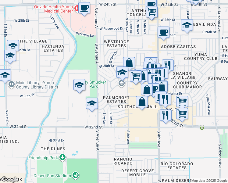 map of restaurants, bars, coffee shops, grocery stores, and more near 901 West Palmcroft Drive in Yuma