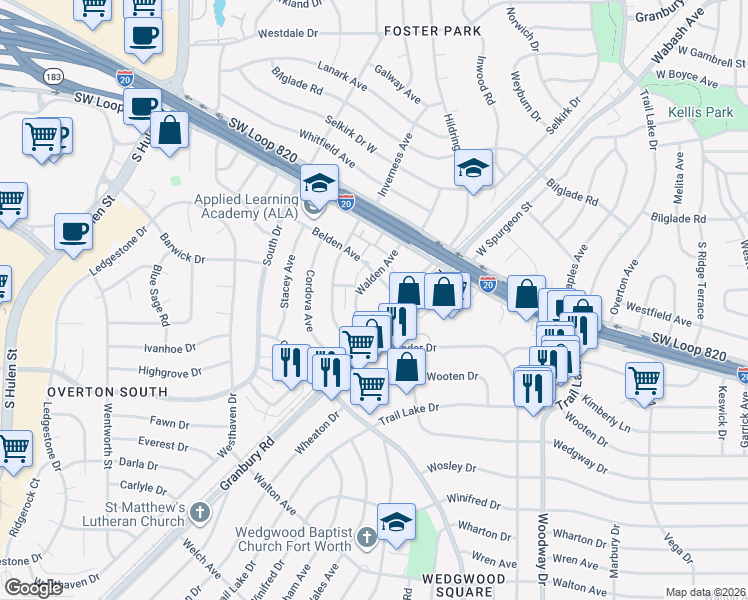map of restaurants, bars, coffee shops, grocery stores, and more near 5100 Hildring Drive East in Fort Worth