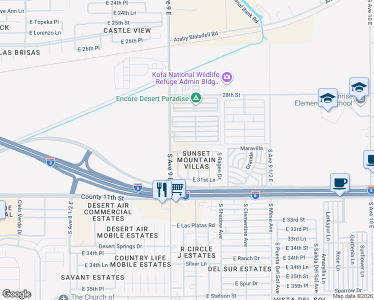 map of restaurants, bars, coffee shops, grocery stores, and more near 9088 East 30th Place in Yuma