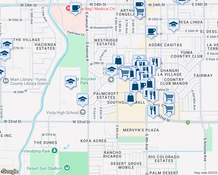 map of restaurants, bars, coffee shops, grocery stores, and more near 901 West Palmcroft Drive in Yuma