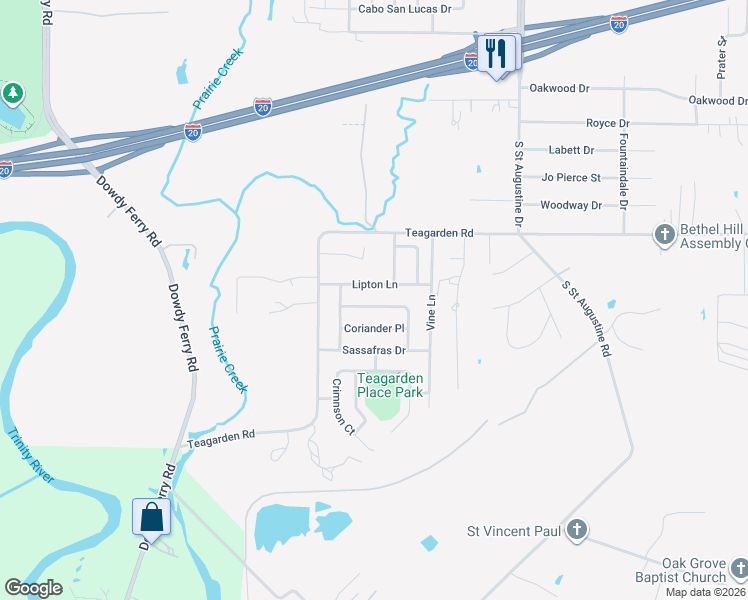map of restaurants, bars, coffee shops, grocery stores, and more near 9327 Mayblossom Way in Dallas