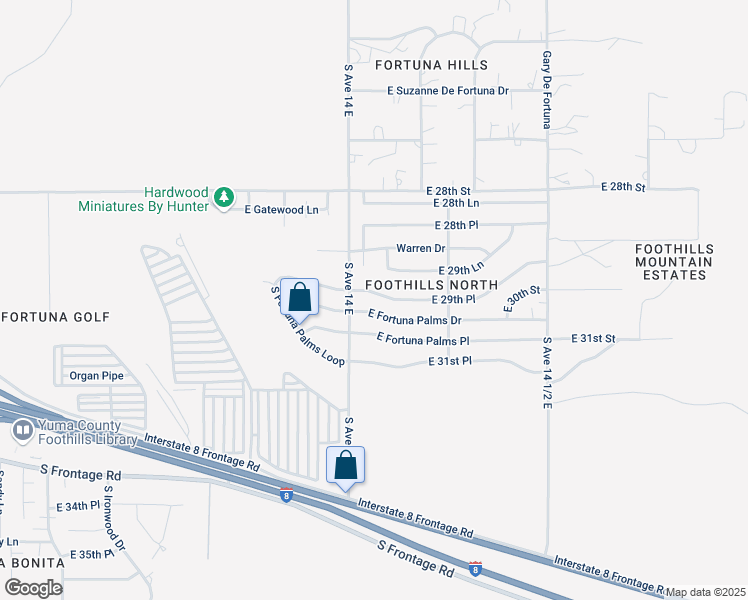 map of restaurants, bars, coffee shops, grocery stores, and more near 14153 East Fortuna Palms Drive in Yuma