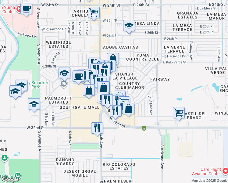 map of restaurants, bars, coffee shops, grocery stores, and more near 223 West Catalina Drive in Yuma