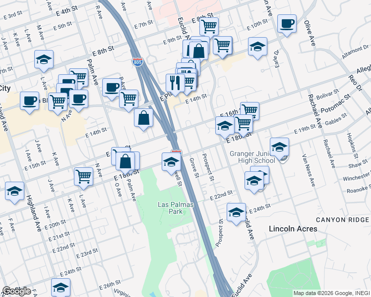 map of restaurants, bars, coffee shops, grocery stores, and more near Jacob Dekema Freeway in National City