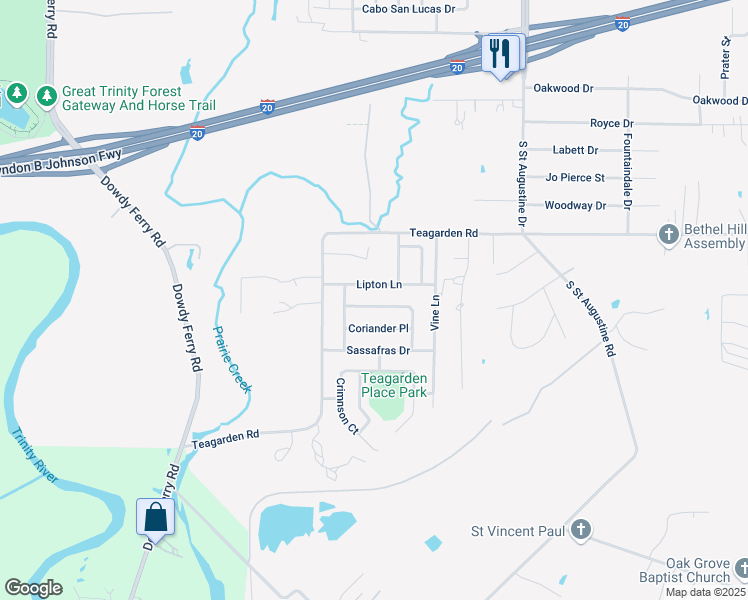 map of restaurants, bars, coffee shops, grocery stores, and more near 9335 Coriander Place in Dallas