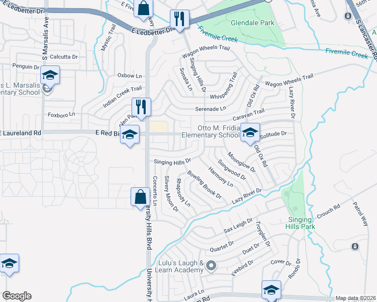 map of restaurants, bars, coffee shops, grocery stores, and more near 6106 Bowling Brook Drive in Dallas
