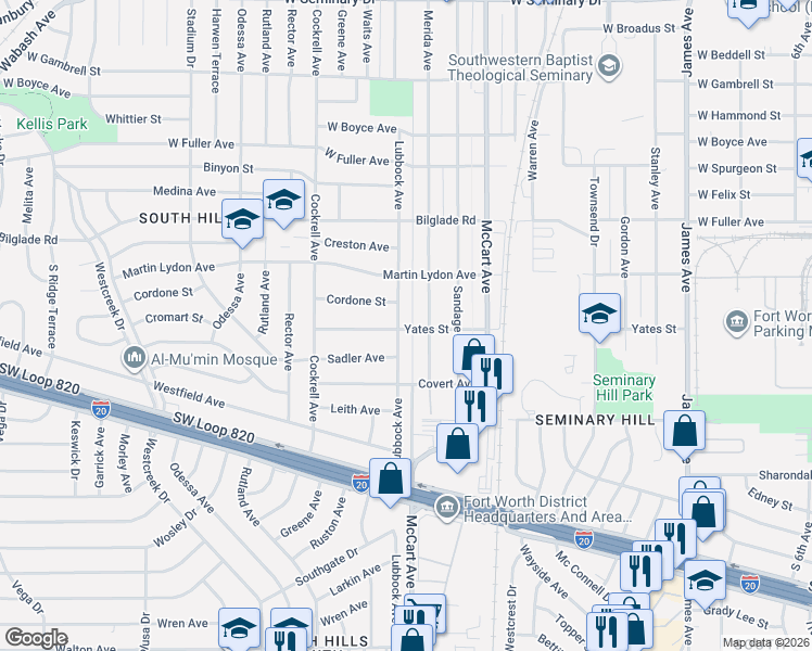 map of restaurants, bars, coffee shops, grocery stores, and more near 5013 Lubbock Avenue in Fort Worth