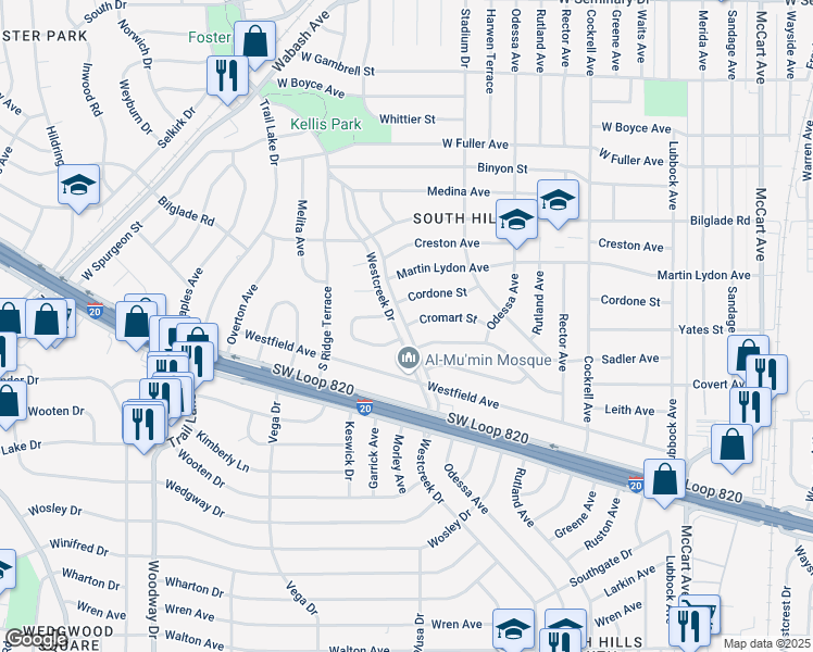 map of restaurants, bars, coffee shops, grocery stores, and more near 3515 Covert Avenue in Fort Worth