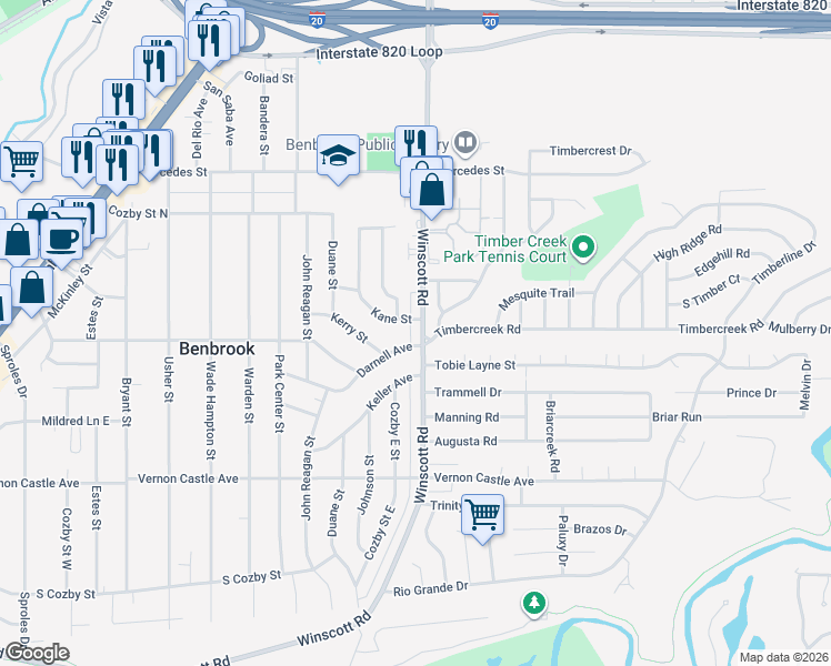 map of restaurants, bars, coffee shops, grocery stores, and more near 1012 Darnell Avenue in Benbrook