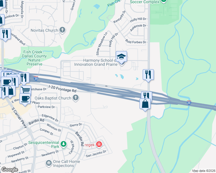 map of restaurants, bars, coffee shops, grocery stores, and more near Interstate 20 Frontage Road in Grand Prairie