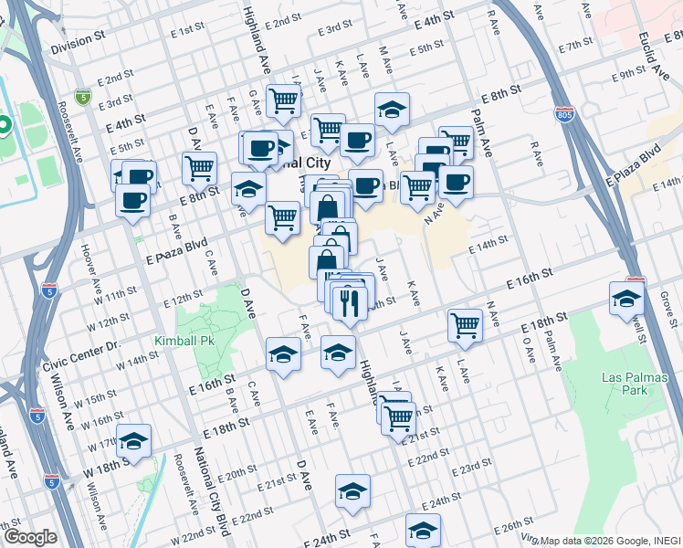 map of restaurants, bars, coffee shops, grocery stores, and more near 1247 Highland Avenue in National City