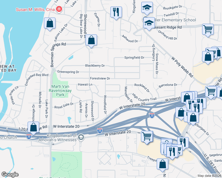 map of restaurants, bars, coffee shops, grocery stores, and more near 6715 High Country Trail in Arlington